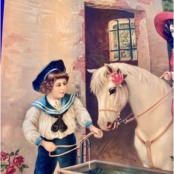 Victorian Style Vtg. Print Boy w/Girl On White Pony - Picture 2 of 7